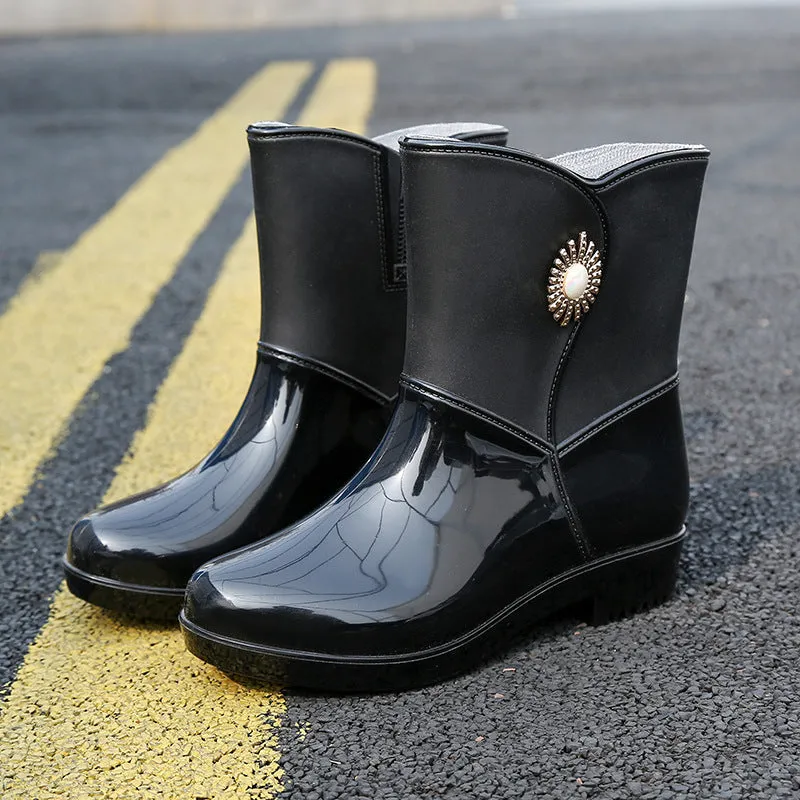 Women's middle tube rain boots with non-slip sole, thickened lining, available in beige black purple sizes 36-40