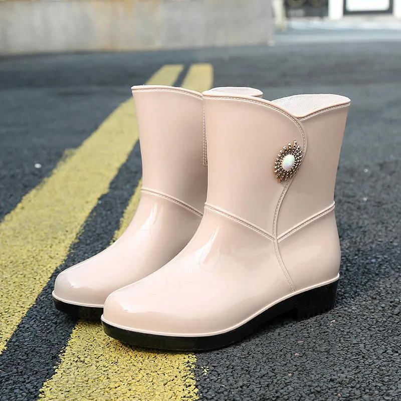 Women's middle tube rain boots with non-slip sole, thickened lining, available in beige black purple sizes 36-40