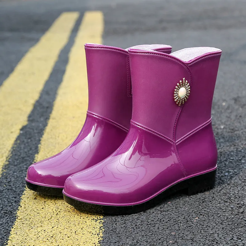 Women's middle tube rain boots with non-slip sole, thickened lining, available in beige black purple sizes 36-40