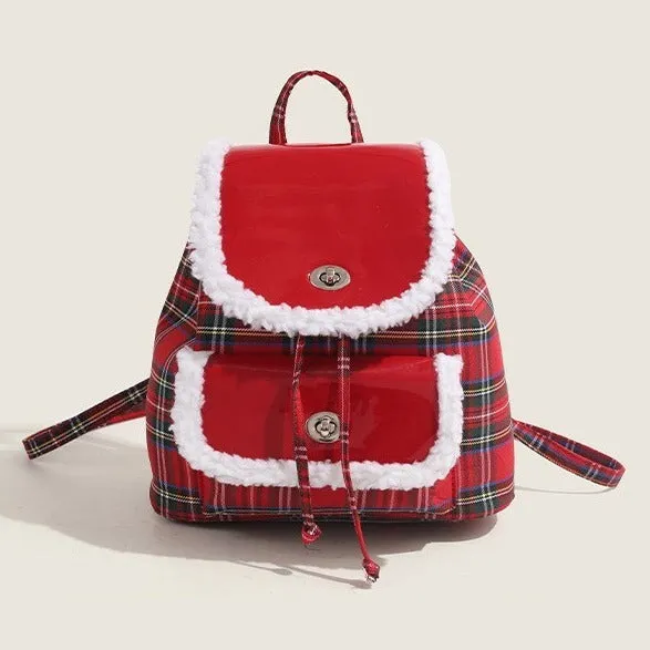Red plaid lamb wool textured lightweight commuting handbag with stitching and PU leather finish