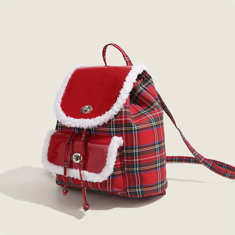 Red plaid lamb wool textured lightweight commuting handbag with stitching and PU leather finish
