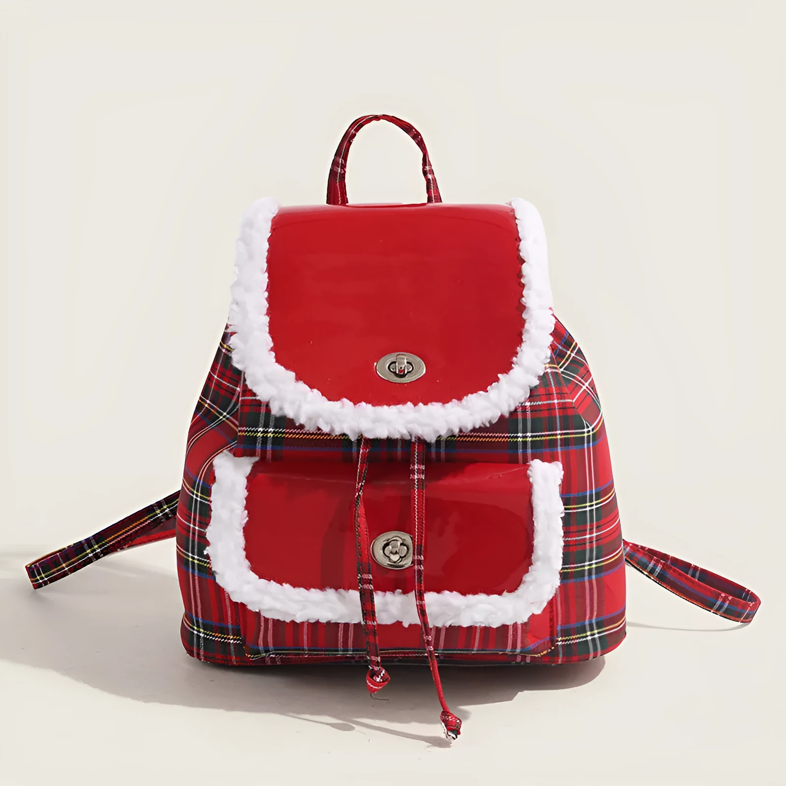 Red plaid lamb wool textured lightweight commuting handbag with stitching and PU leather finish