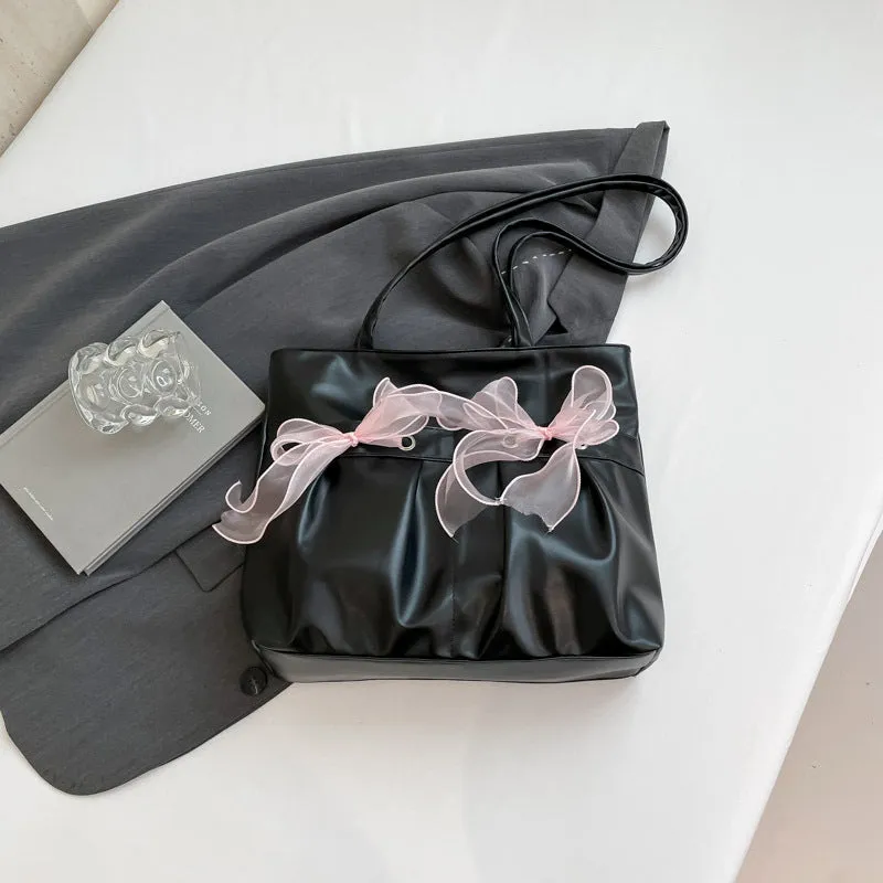 College style bow tote bag in black with large capacity and double shoulder straps