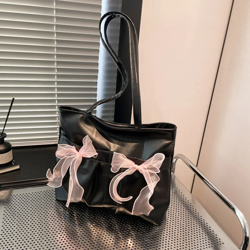 College style bow tote bag in black with large capacity and double shoulder straps
