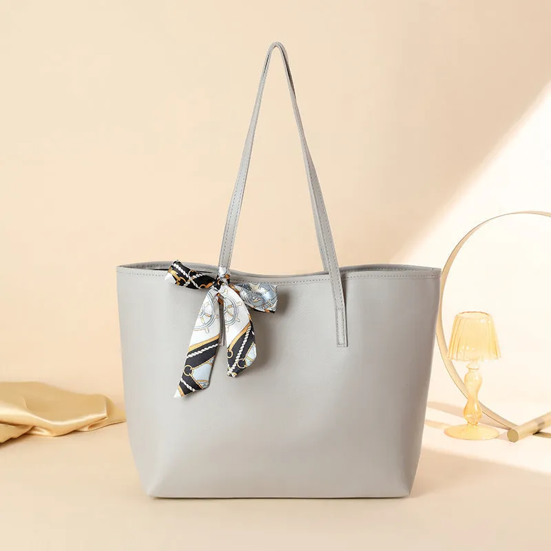 Solid colour PU ladies shoulder bag with scarf decoration, colour block design, medium soft, 45x29x13cm, black lychee grain colour option