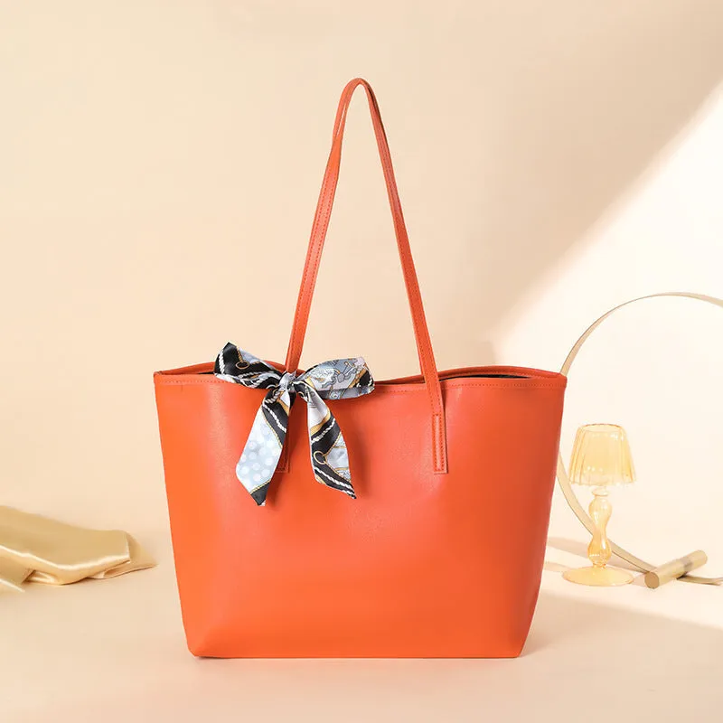 Solid colour PU ladies shoulder bag with scarf decoration, colour block design, medium soft, 45x29x13cm, black lychee grain colour option