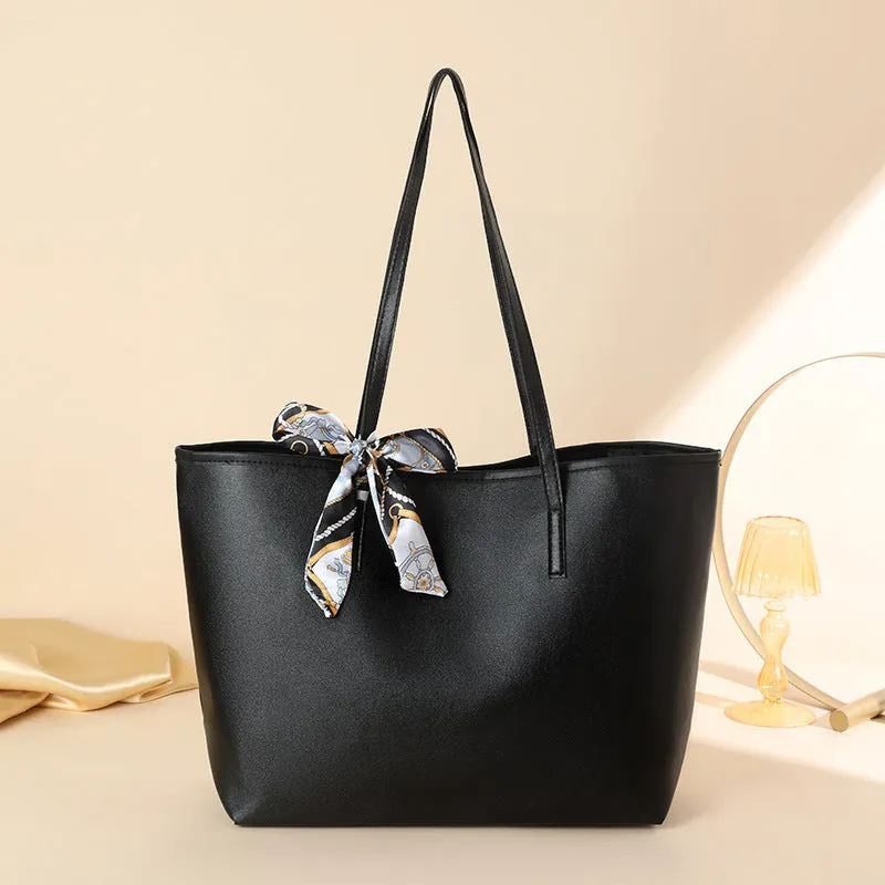 Solid colour PU ladies shoulder bag with scarf decoration, colour block design, medium soft, 45x29x13cm, black lychee grain colour option