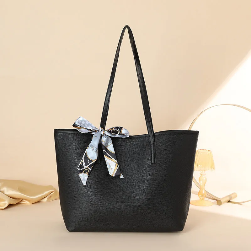 Solid colour PU ladies shoulder bag with scarf decoration, colour block design, medium soft, 45x29x13cm, black lychee grain colour option