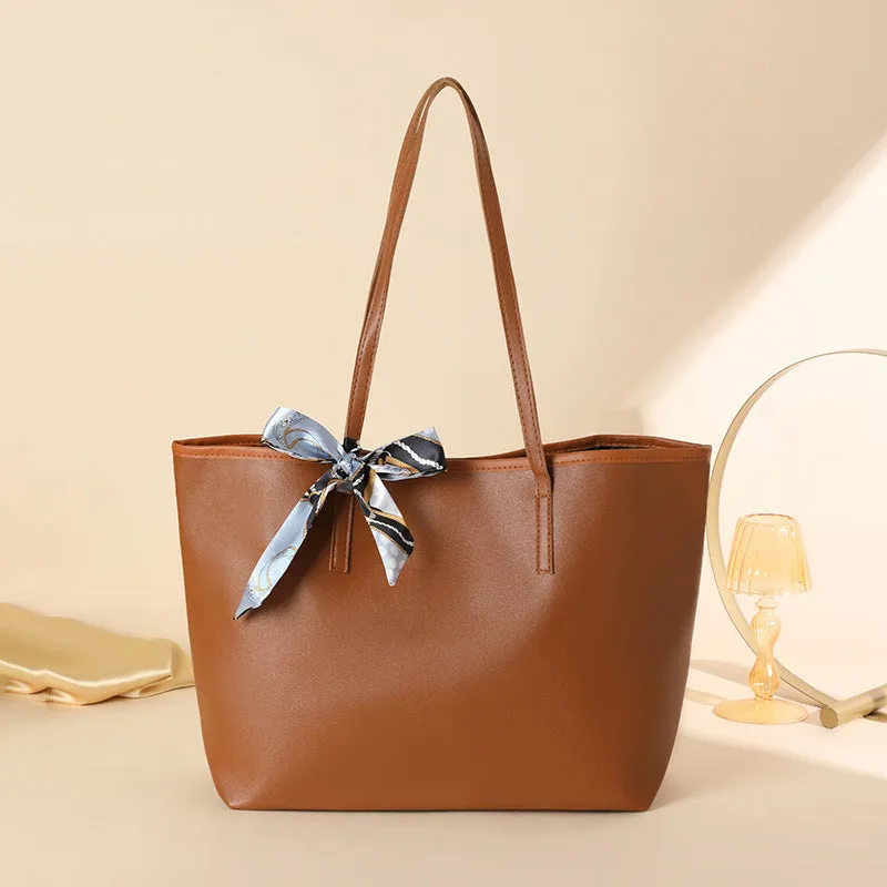 Solid colour PU ladies shoulder bag with scarf decoration, colour block design, medium soft, 45x29x13cm, black lychee grain colour option