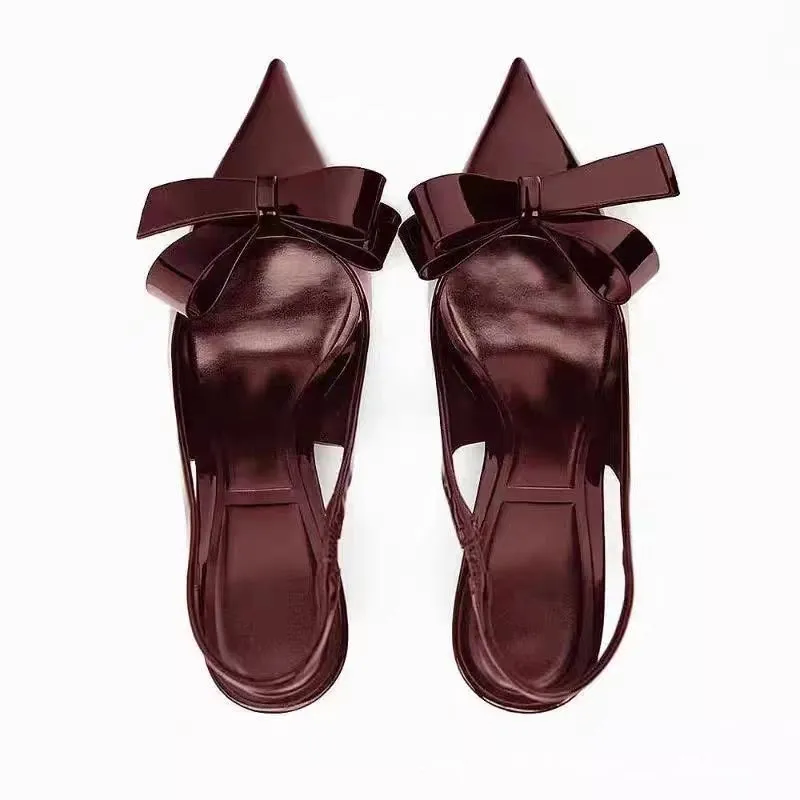 Patent leather women's high heels wine red bow open-back pointed toe rear lacing