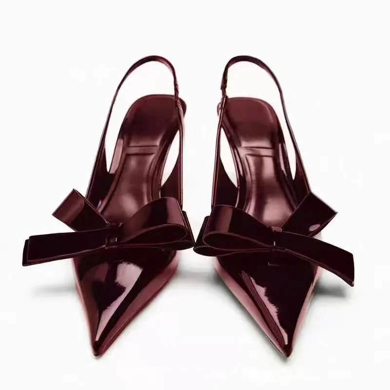 Patent leather women's high heels wine red bow open-back pointed toe rear lacing