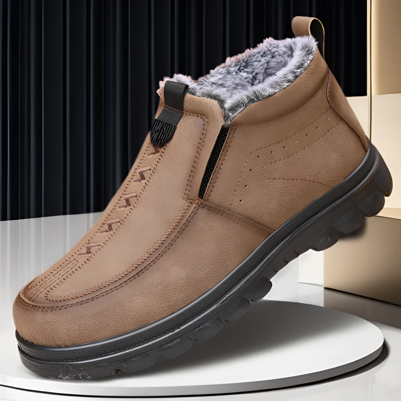 Black plus-size men's thick-soled slip-on cotton shoes with round toe and suede upper