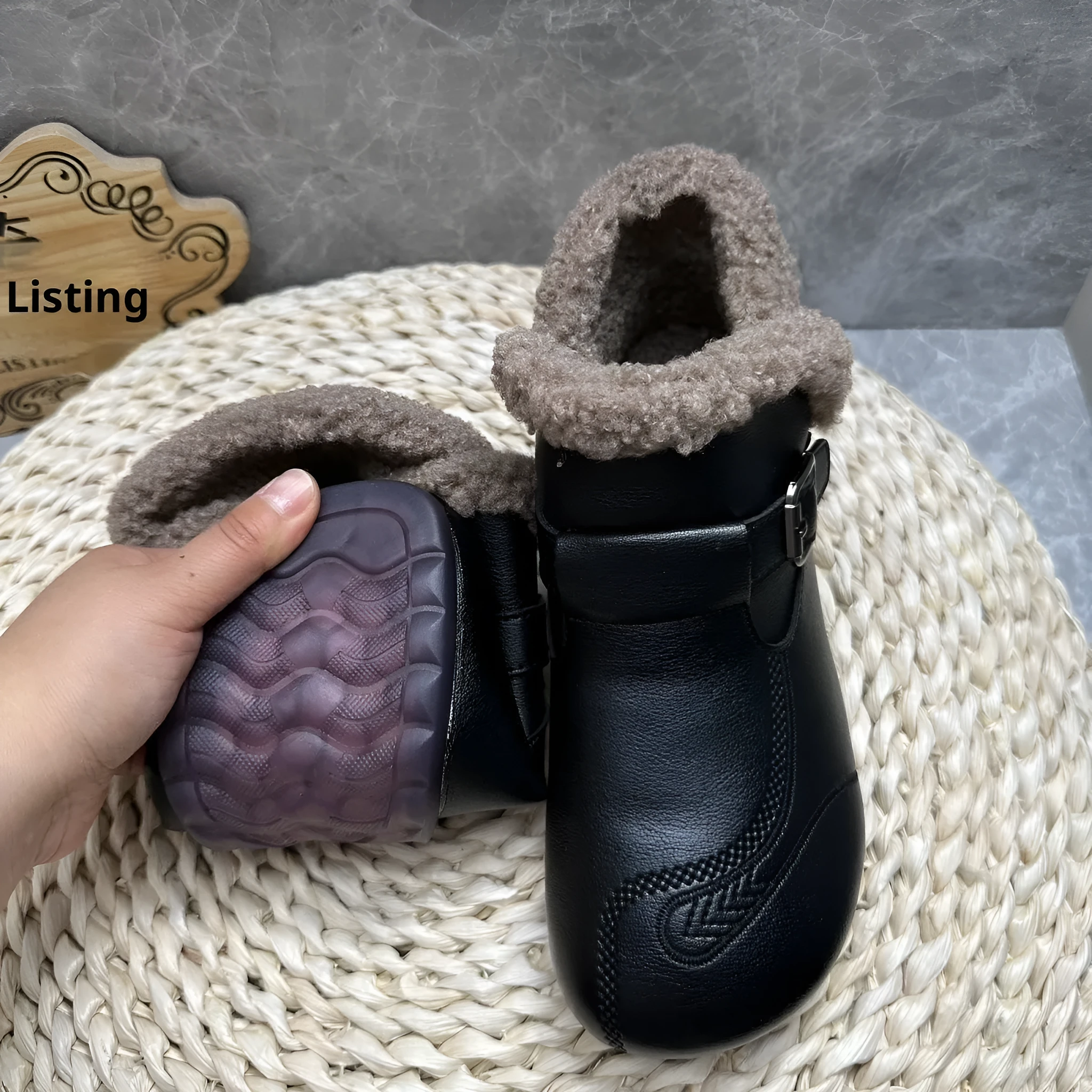 Women's winter slip-on ankle boots with round toe, low platform heel, in black synthetic leather with stitching detail