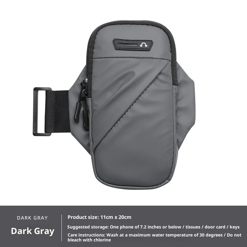 Outdoor cycling arm sleeve phone pouch in black holding a 7.2 inch phone on a cyclist's arm