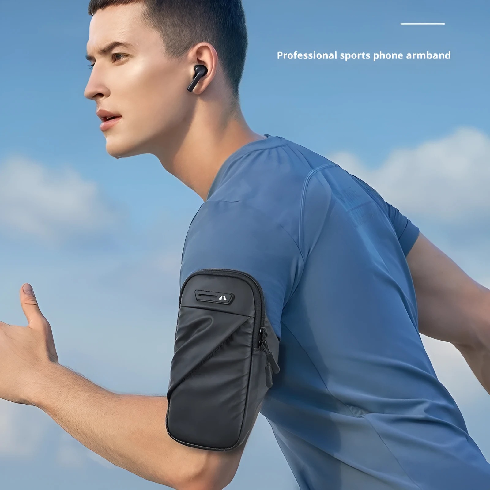 Outdoor cycling arm sleeve phone pouch in black holding a 7.2 inch phone on a cyclist's arm