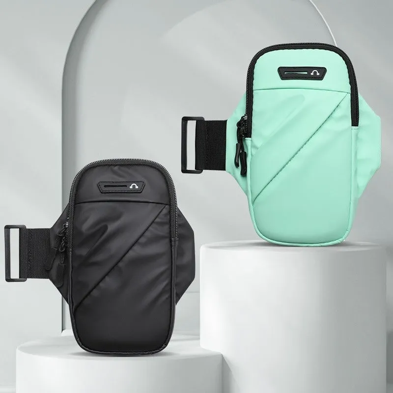 Outdoor cycling arm sleeve phone pouch in black holding a 7.2 inch phone on a cyclist's arm