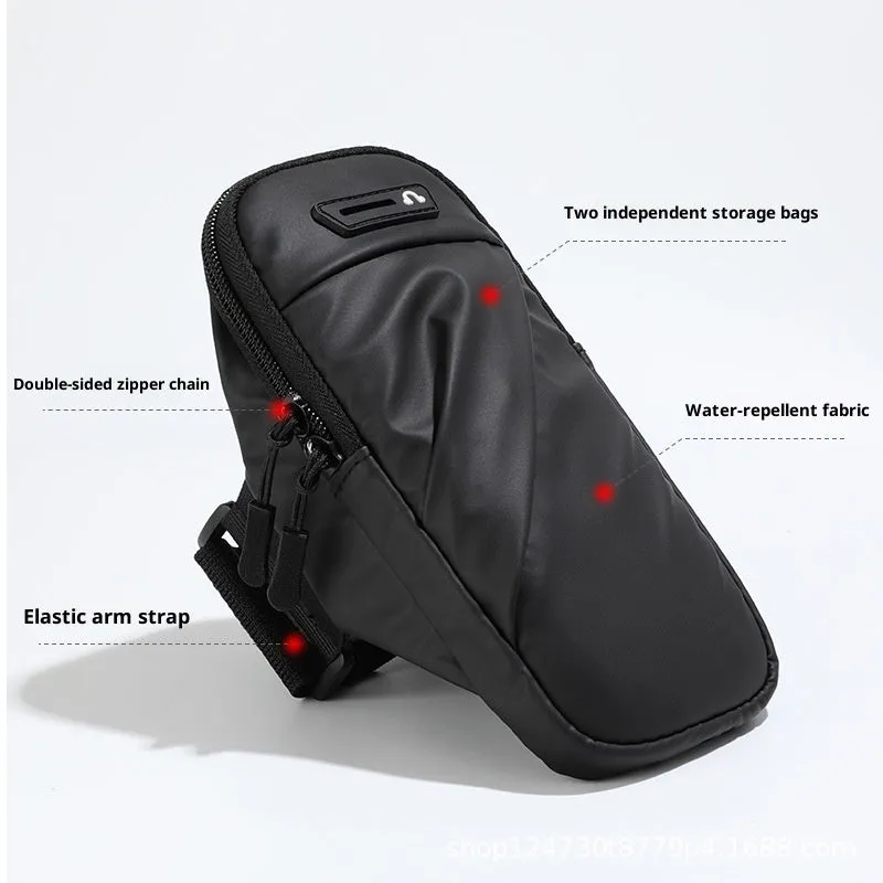 Outdoor cycling arm sleeve phone pouch in black holding a 7.2 inch phone on a cyclist's arm
