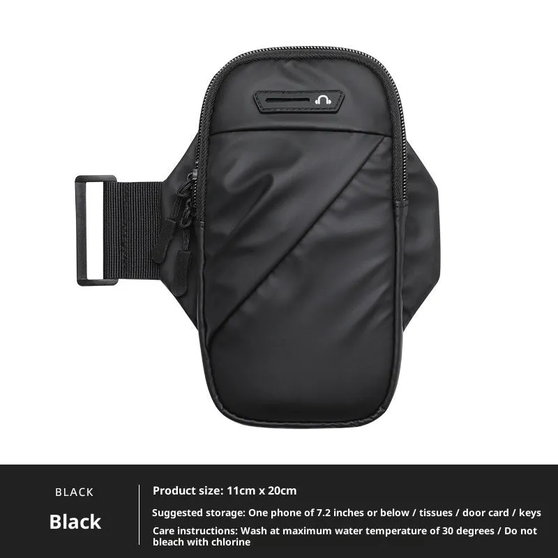 Outdoor cycling arm sleeve phone pouch in black holding a 7.2 inch phone on a cyclist's arm