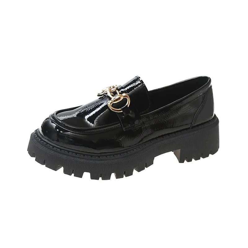 British retro round toe flat shoes for women, PU upper, solid colour, black glossy finish