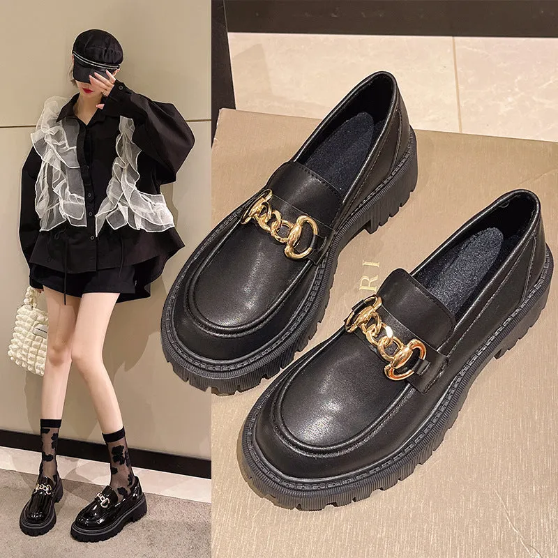 British retro round toe flat shoes for women, PU upper, solid colour, black glossy finish
