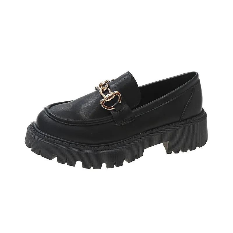 British retro round toe flat shoes for women, PU upper, solid colour, black glossy finish