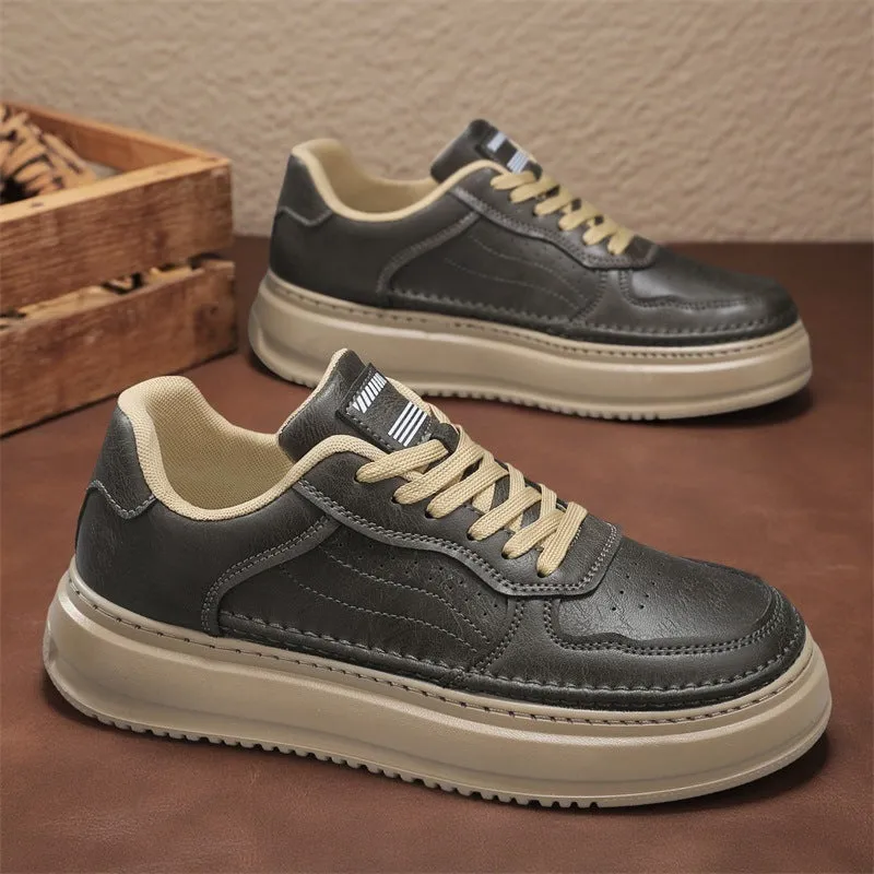 Leather British retro men's casual shoes in black, gray, and khaki with low heel thick sole