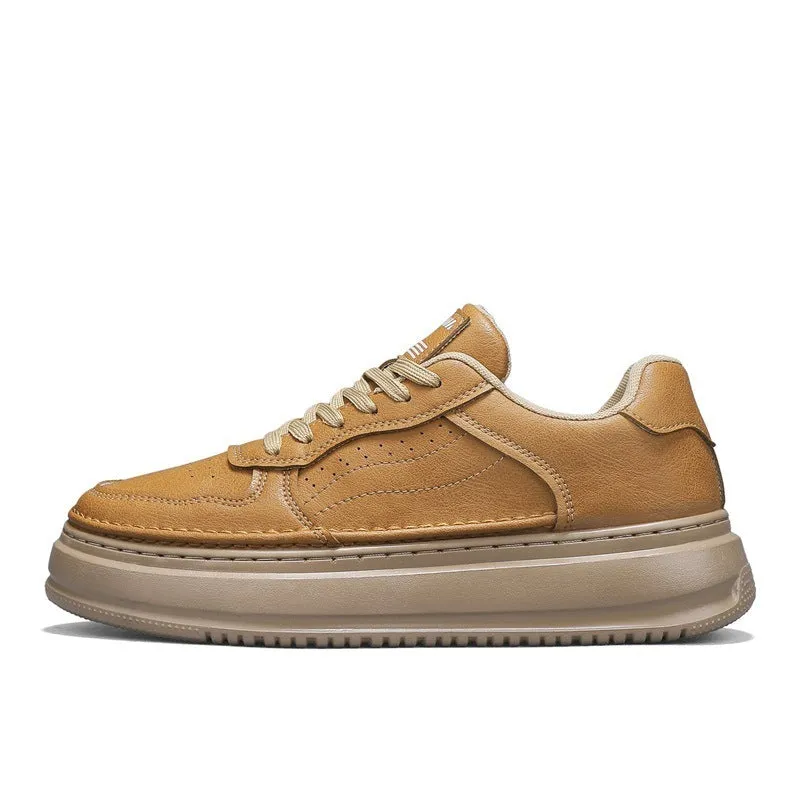Leather British retro men's casual shoes in black, gray, and khaki with low heel thick sole