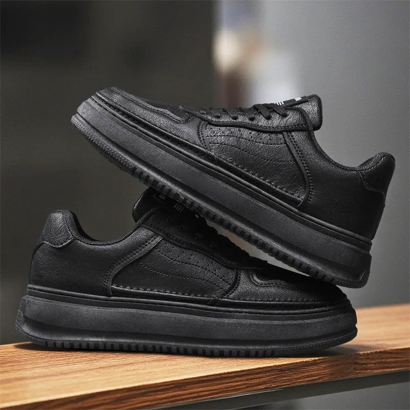 Leather British retro men's casual shoes in black, gray, and khaki with low heel thick sole