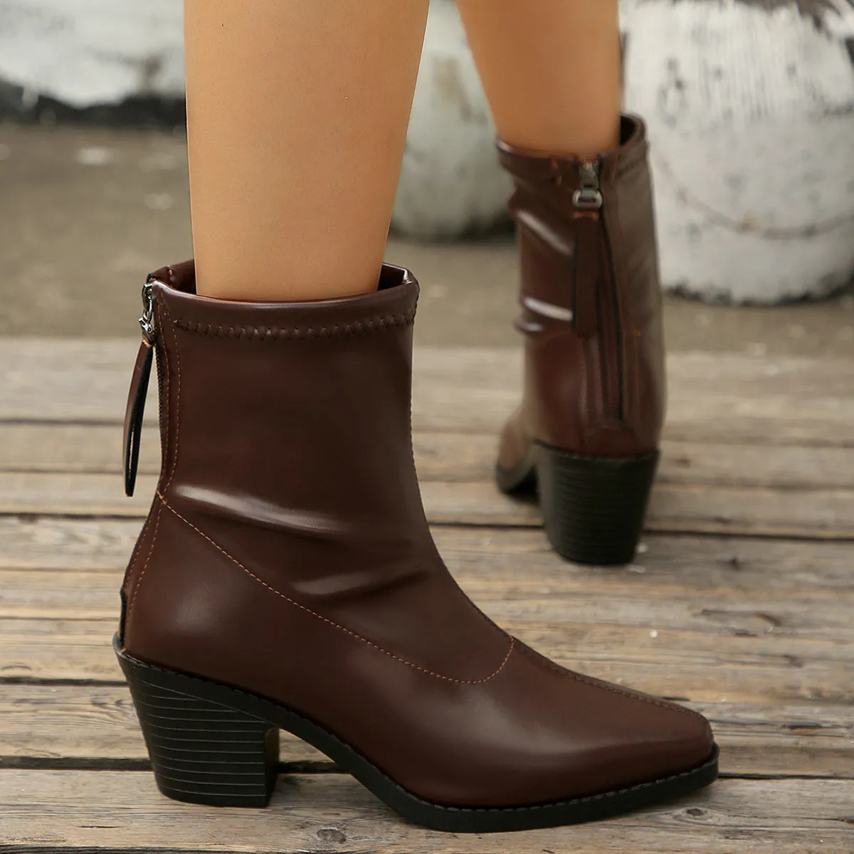 Pointed toe chunky heel Martin boots in black with cotton lining and rubber sole