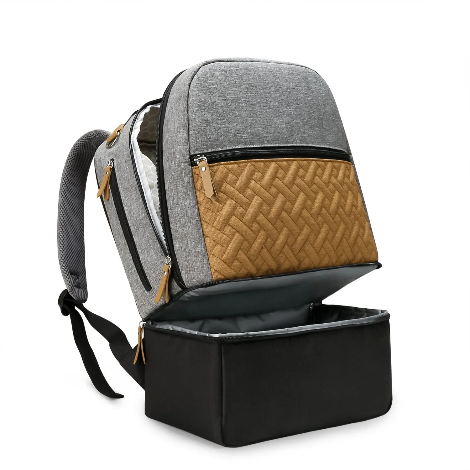 Grey mother and child travel mummy backpack with insulated baby dining compartment and curved shoulder straps