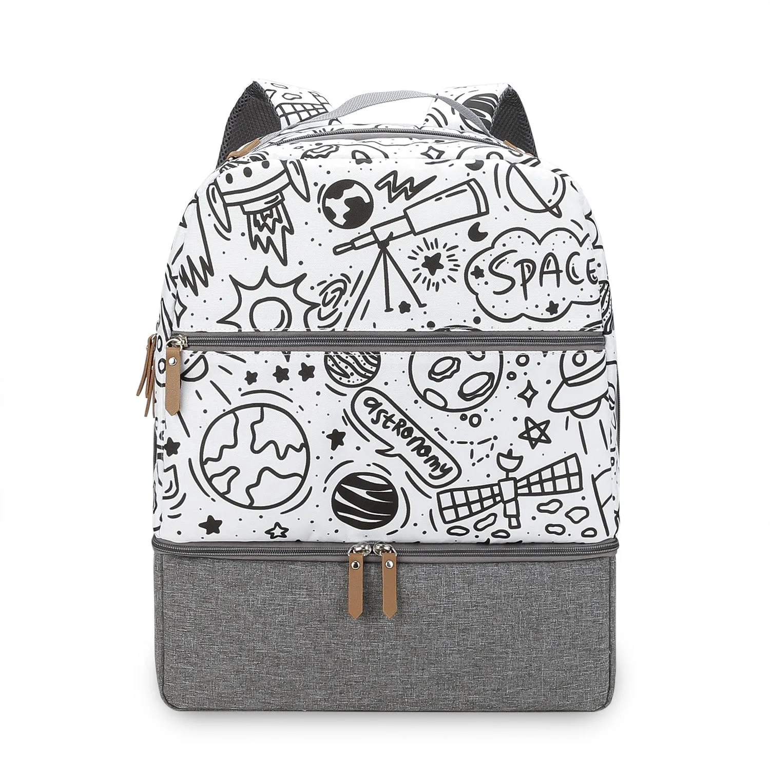 Grey mother and child travel mummy backpack with insulated baby dining compartment and curved shoulder straps