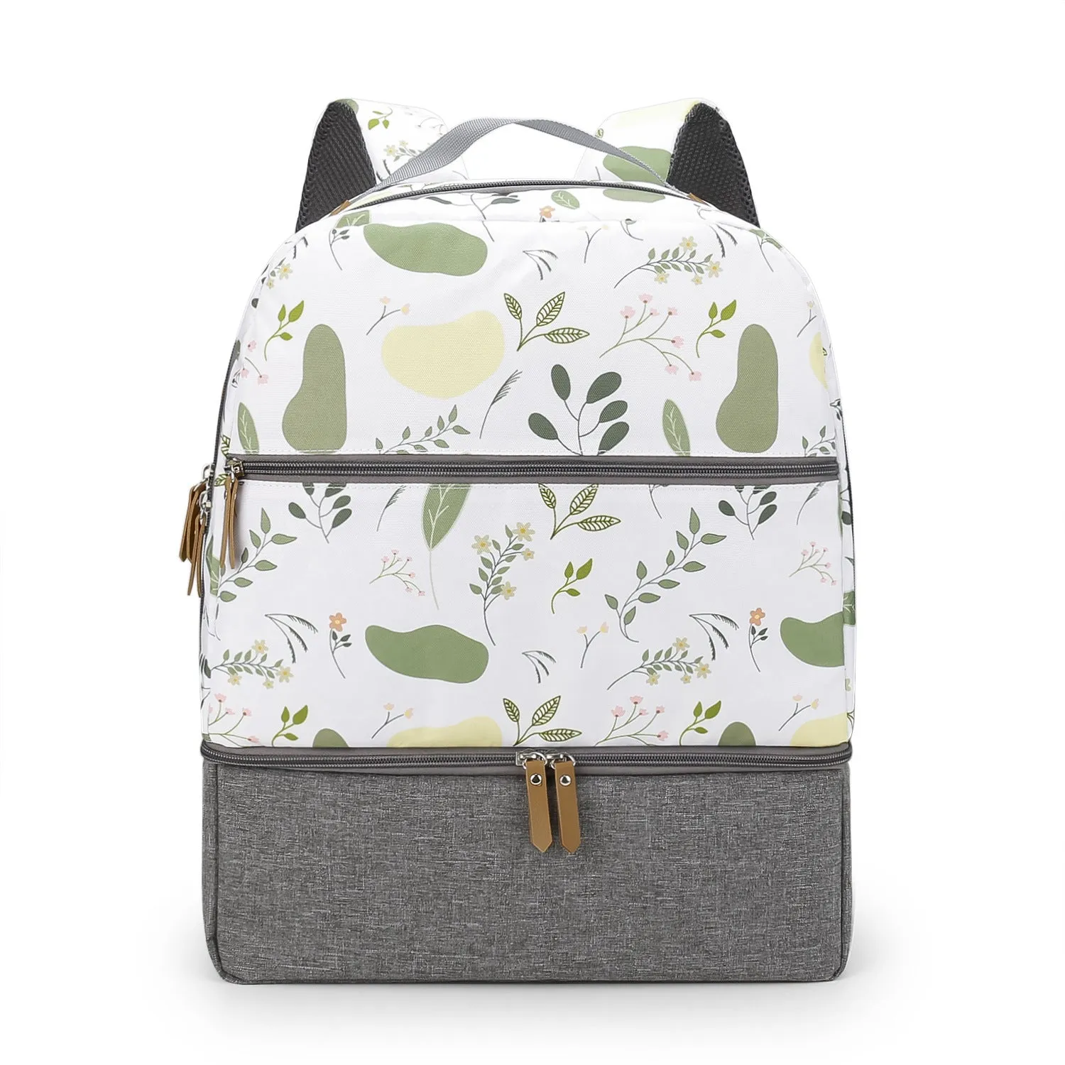 Grey mother and child travel mummy backpack with insulated baby dining compartment and curved shoulder straps