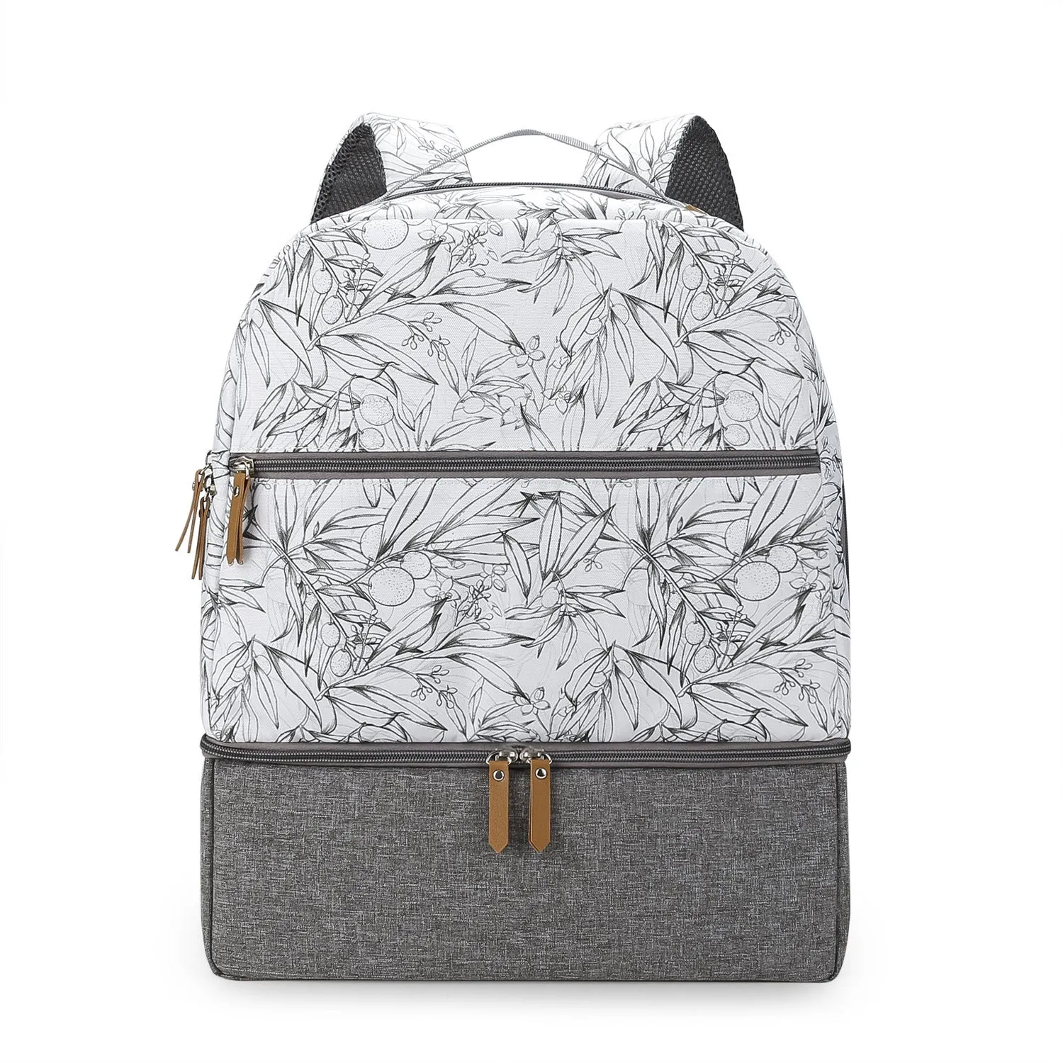 Grey mother and child travel mummy backpack with insulated baby dining compartment and curved shoulder straps