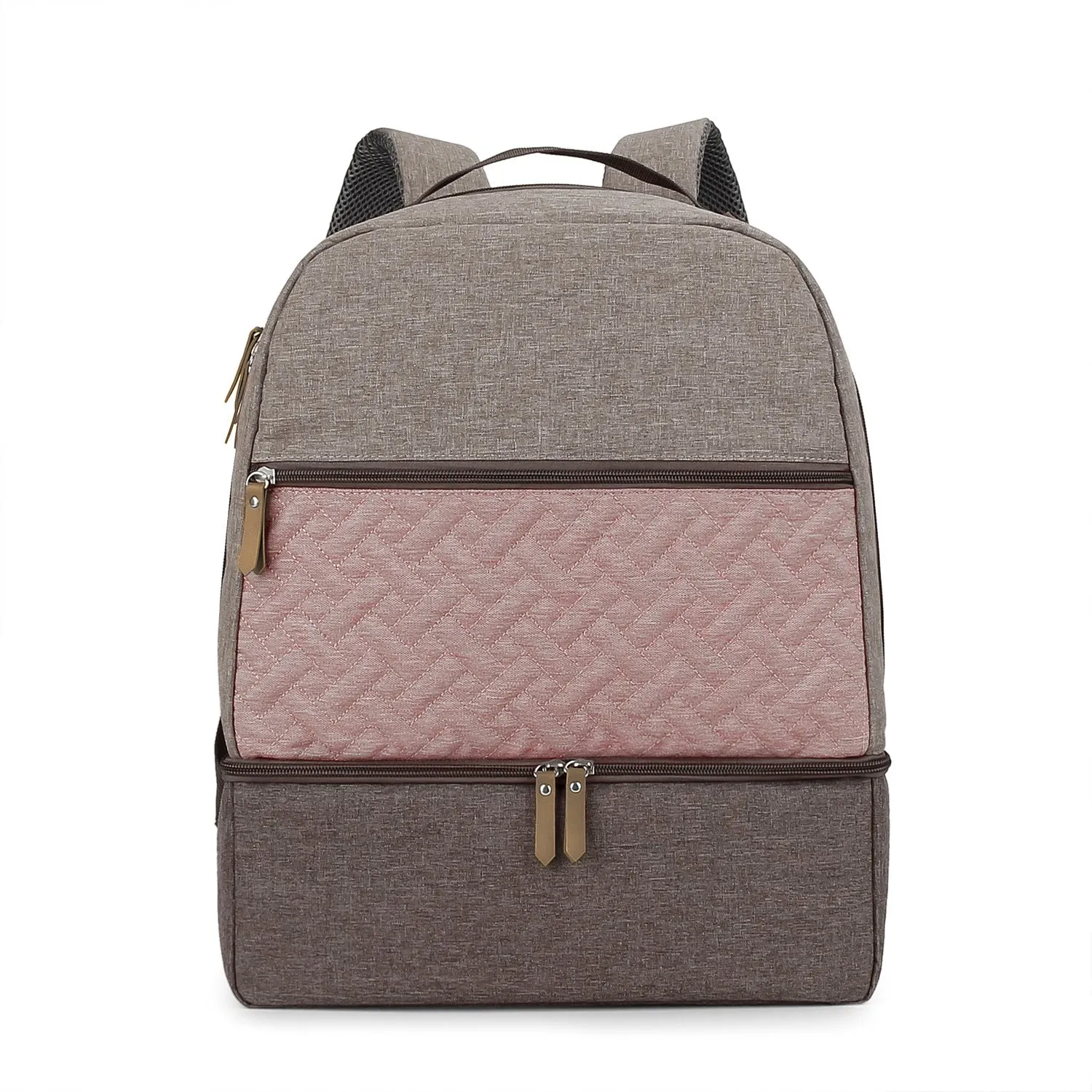 Grey mother and child travel mummy backpack with insulated baby dining compartment and curved shoulder straps