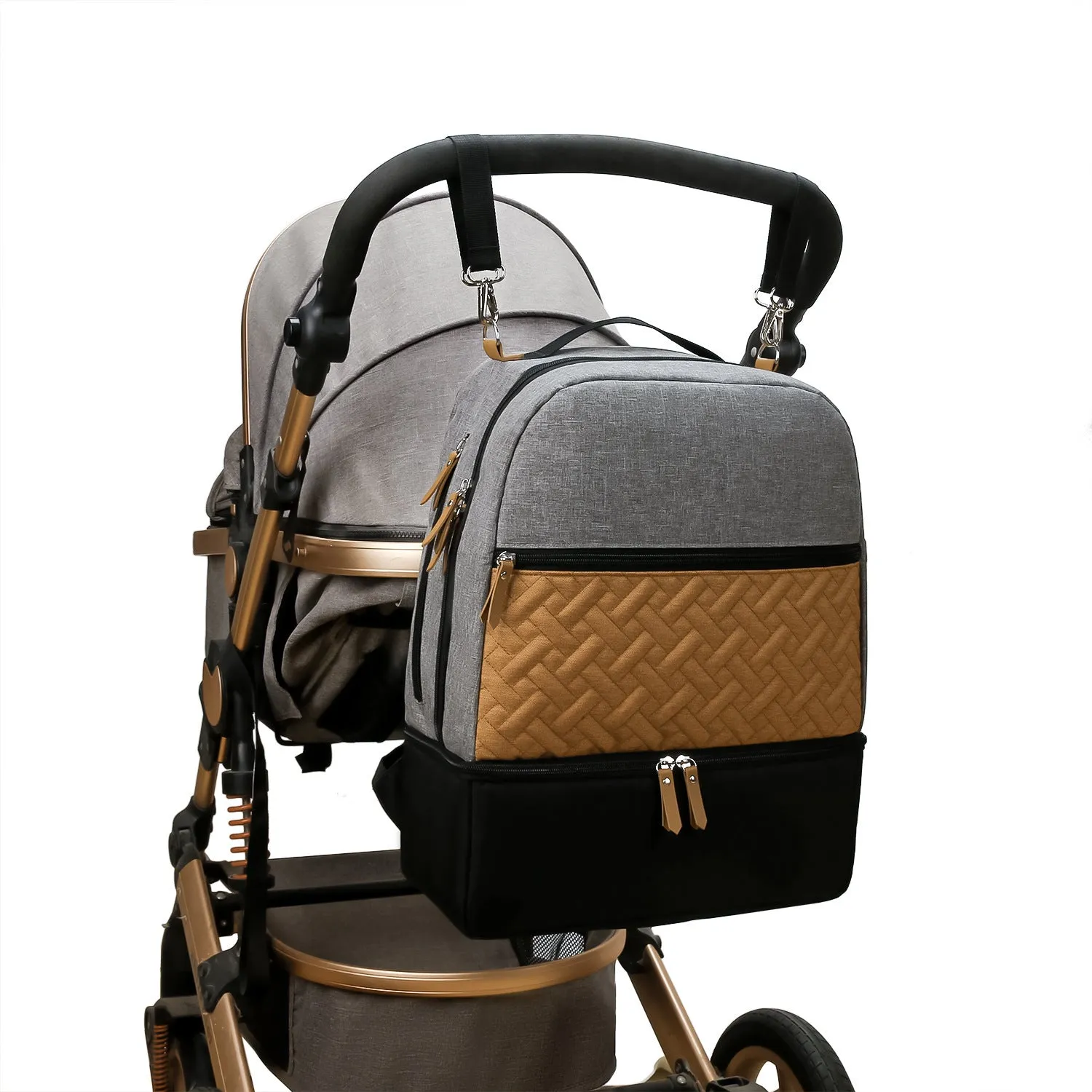 Grey mother and child travel mummy backpack with insulated baby dining compartment and curved shoulder straps