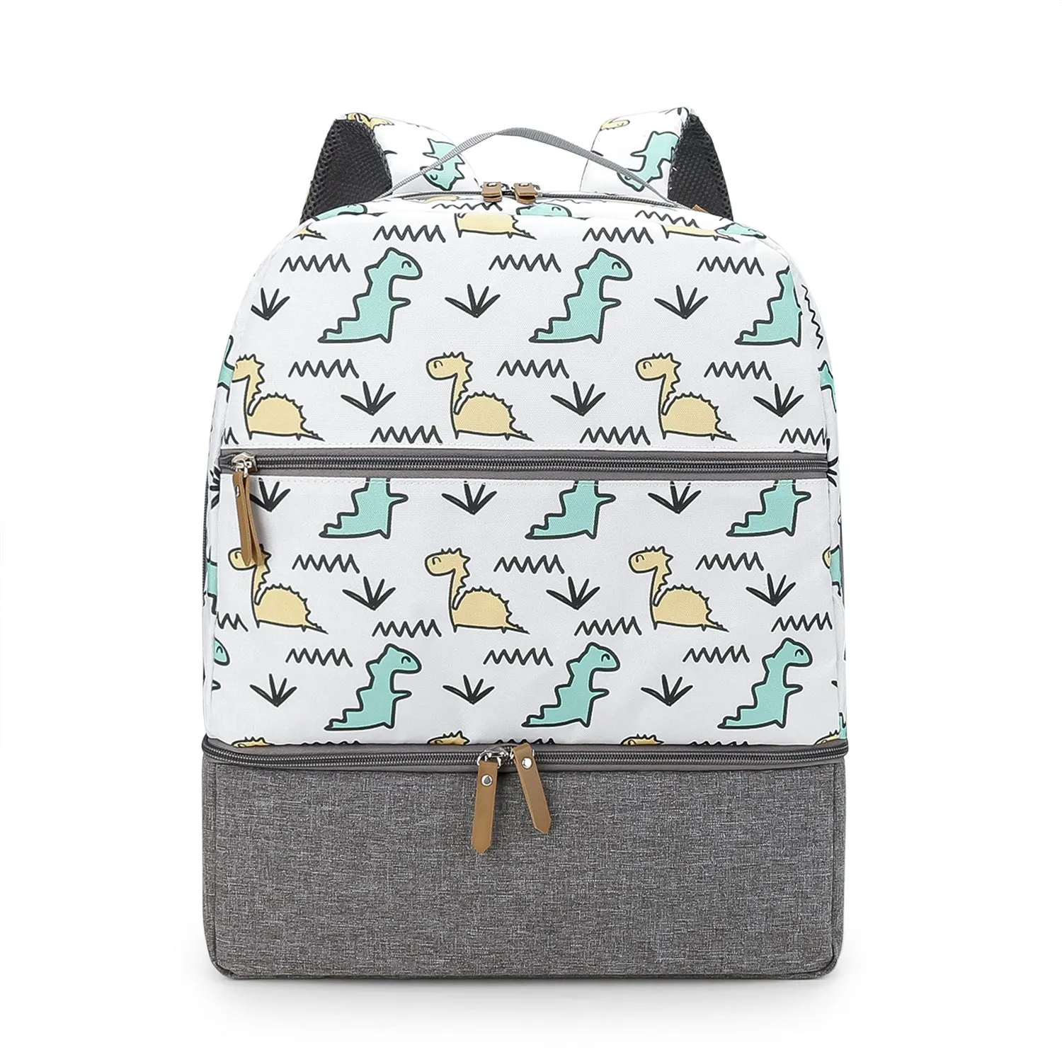Grey mother and child travel mummy backpack with insulated baby dining compartment and curved shoulder straps
