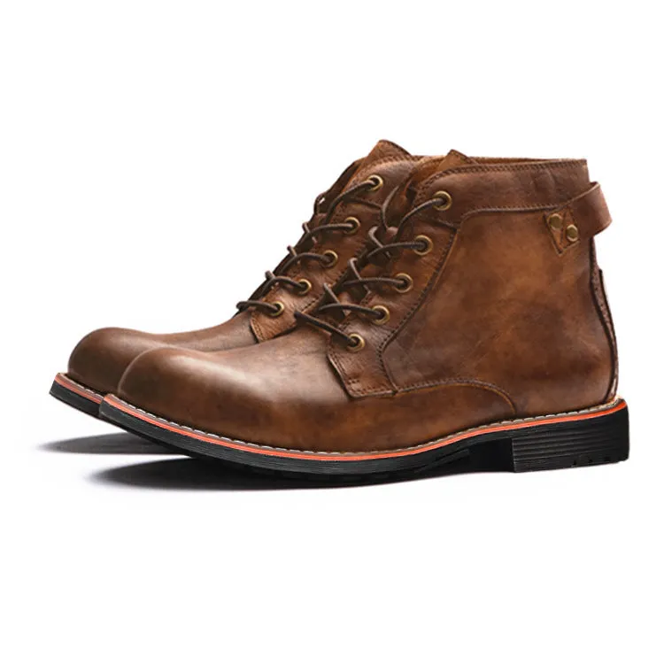 Men's retro lace-up Western boots in brown with embossed artificial PU upper and horseshoe heel