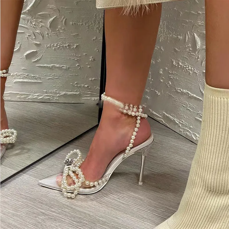 Women low heel silver crystal pearl bow transparent PVC sandals pointed toe rubber foam sole