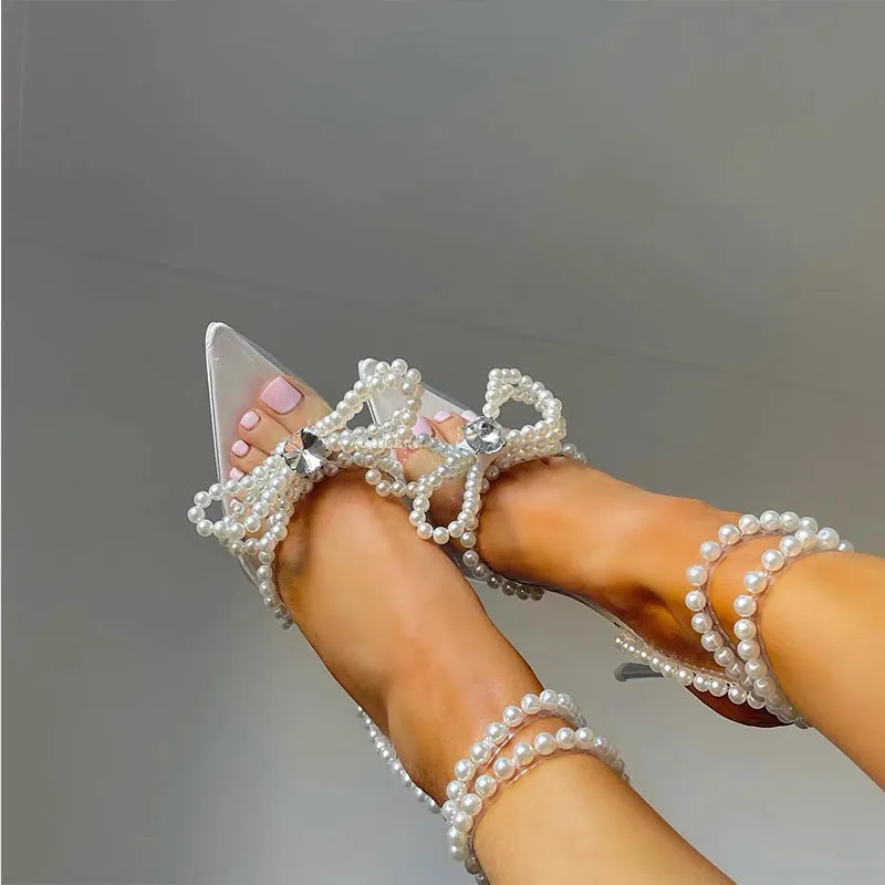 Women low heel silver crystal pearl bow transparent PVC sandals pointed toe rubber foam sole