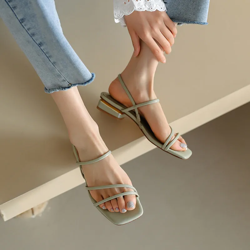 Women's flat strap gladiator sandals with square toe and adjustable ankle ties in beige.
