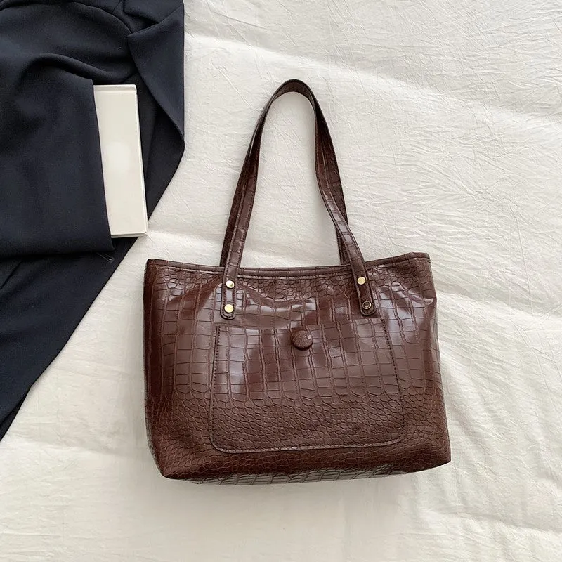 Retro large capacity single-shoulder handbag in soft PU with stitching details, available in black, tan, brown, coffee colours