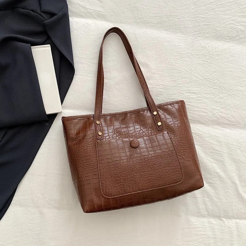 Retro large capacity single-shoulder handbag in soft PU with stitching details, available in black, tan, brown, coffee colours