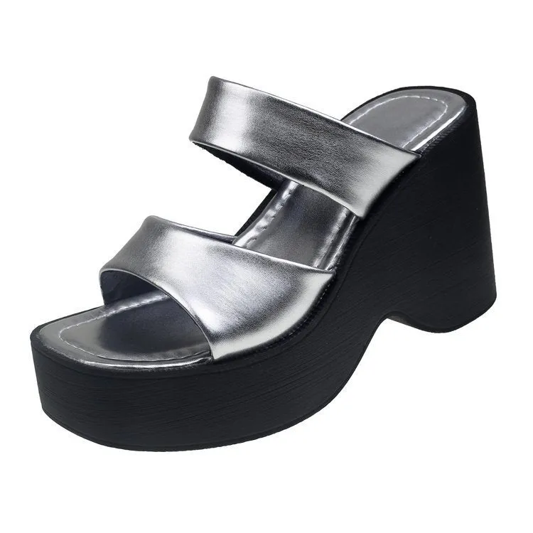 Women's black wedge platform slippers with square toe on a white background.