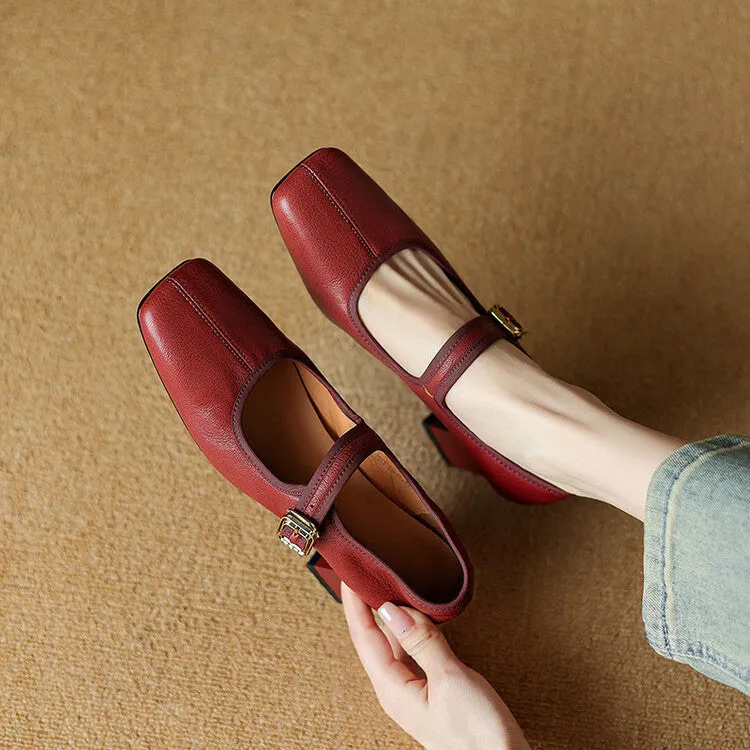 Women's square toe chunky heel pumps in black and wine red with sheepskin upper