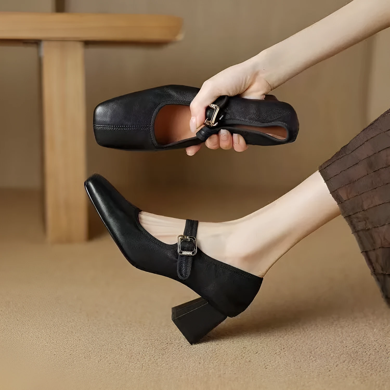 Women's square toe chunky heel pumps in black and wine red with sheepskin upper