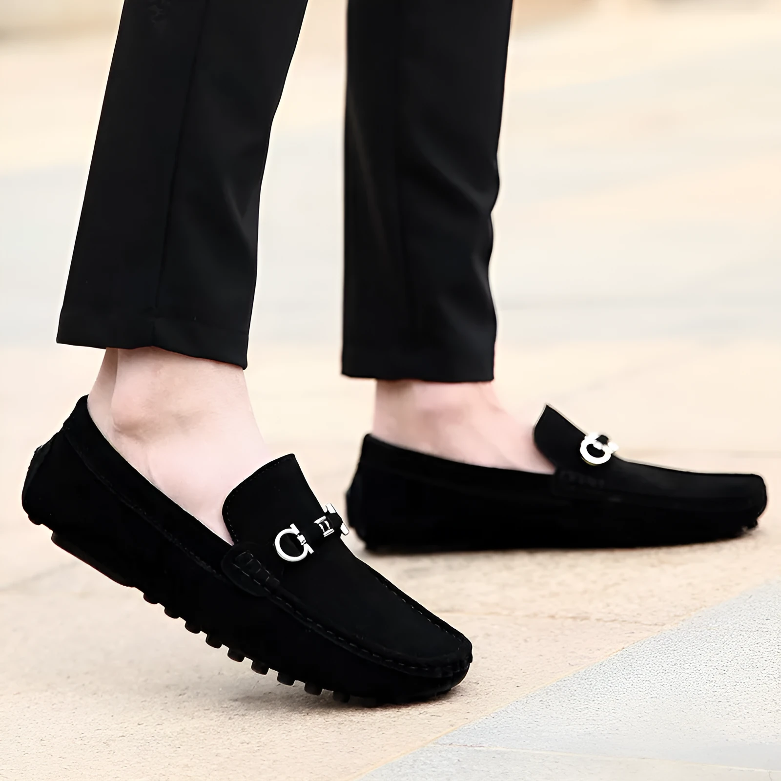Men's black slip-on business casual leather shoes with square toe and matte finish