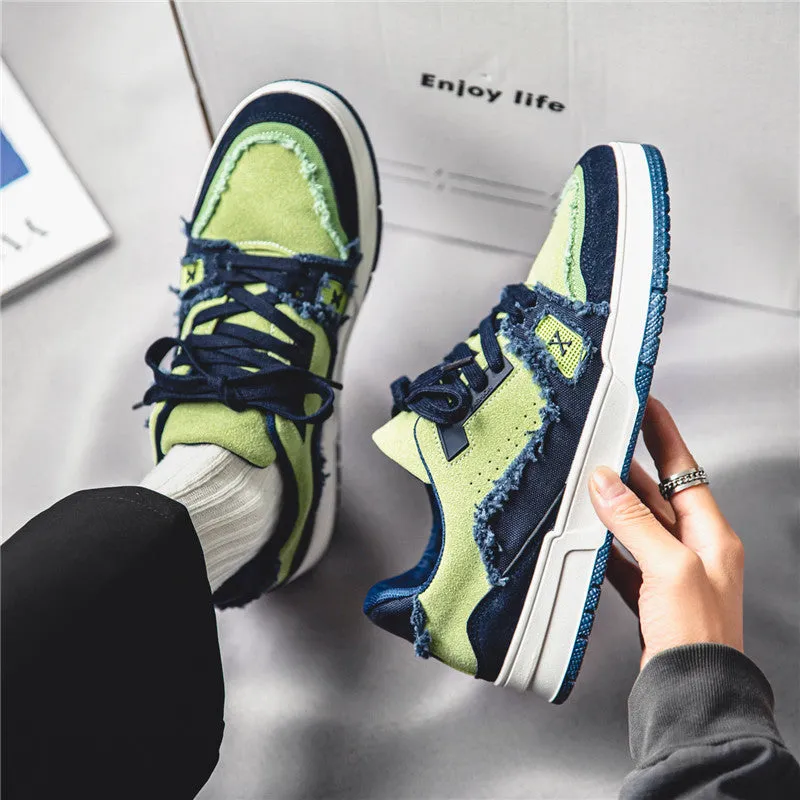Breathable leisure retro Hong Kong style canvas men's shoes low top sneakers in blue green colour