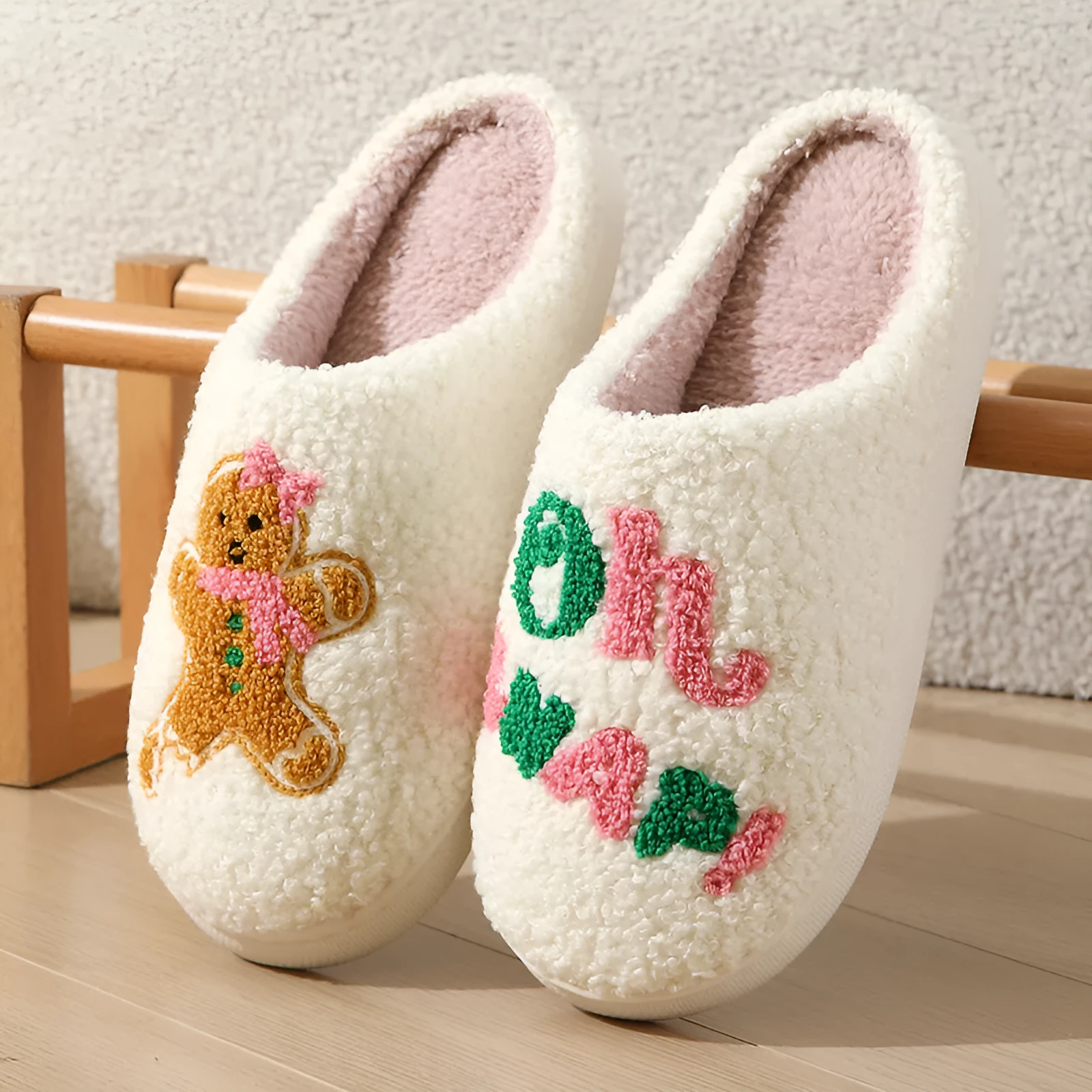 Plush cartoon gingerbread man winter cotton slippers in British Bear colour for indoor wear