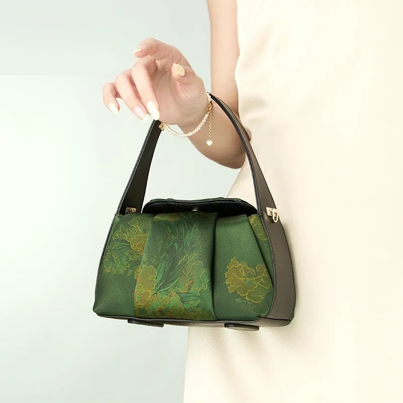 New Chinese style silk hand-held crossbody bag with Xiangyun yarn print in dark green