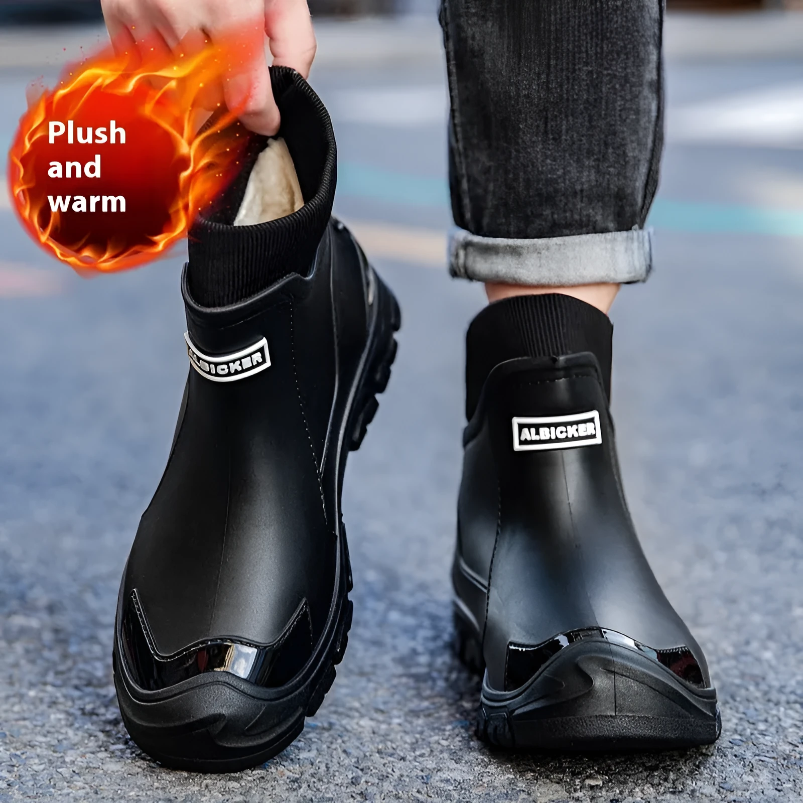 Large size fixed velvet rain boots in beige for men and women PVC upper round toe flat heel